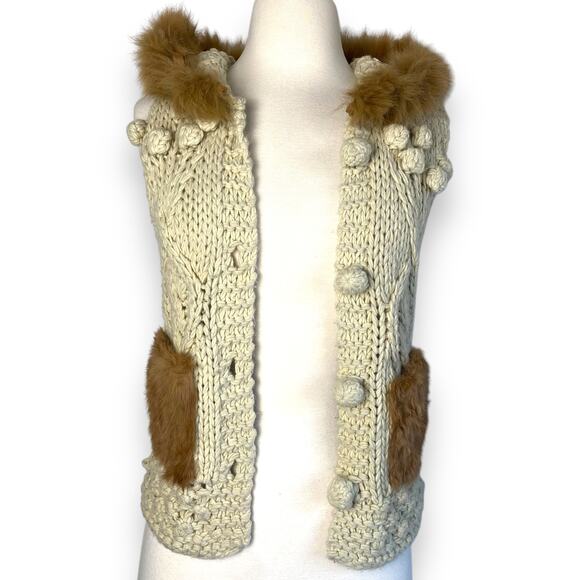 Hooded Boho Macrame Crochet Chunky Sweater Vest w Removable Faux Fur Collar Trim - Picture 3 of 9